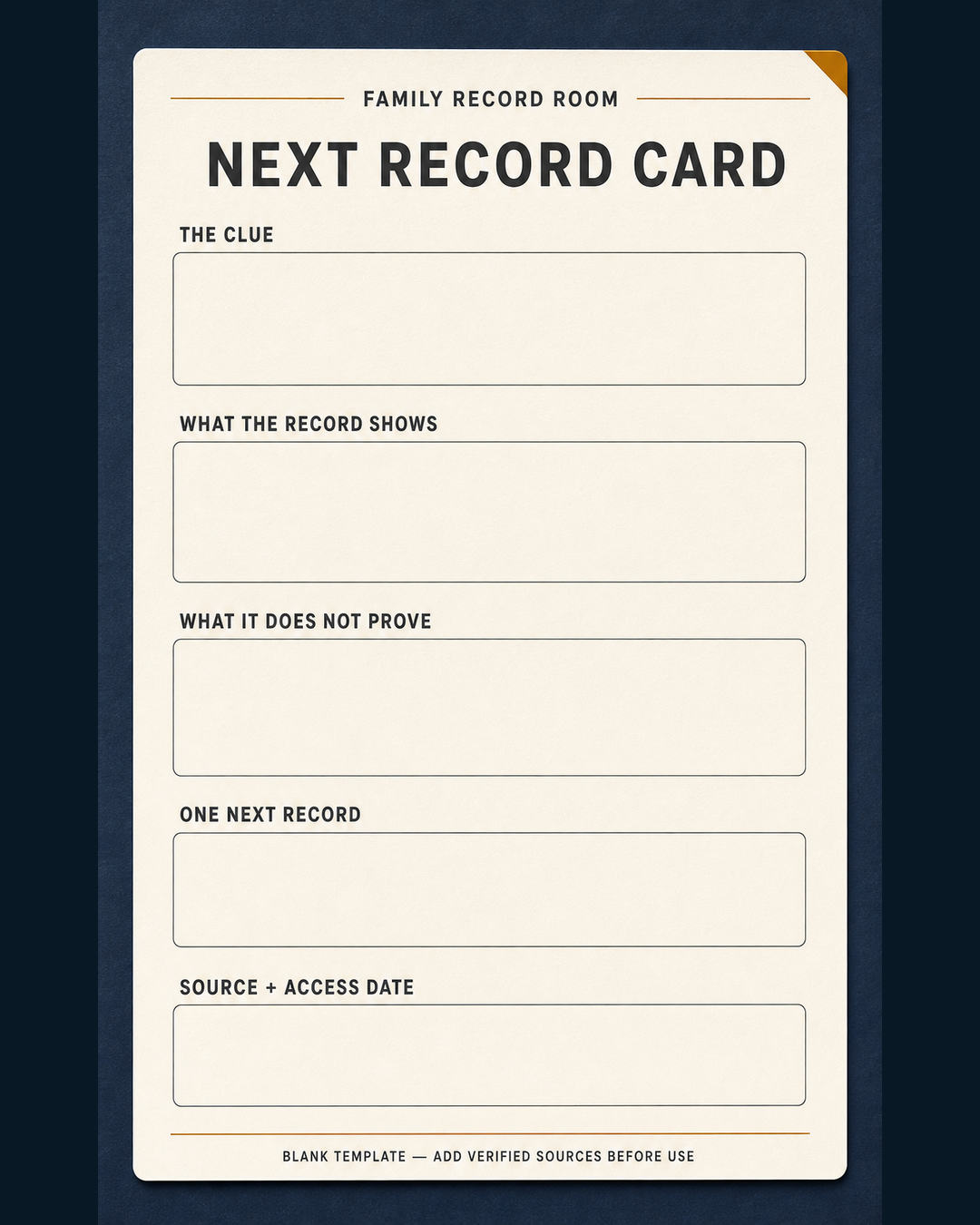 Blank Next Record Card with fields for the clue, what a record shows, what it does not prove, and one next record